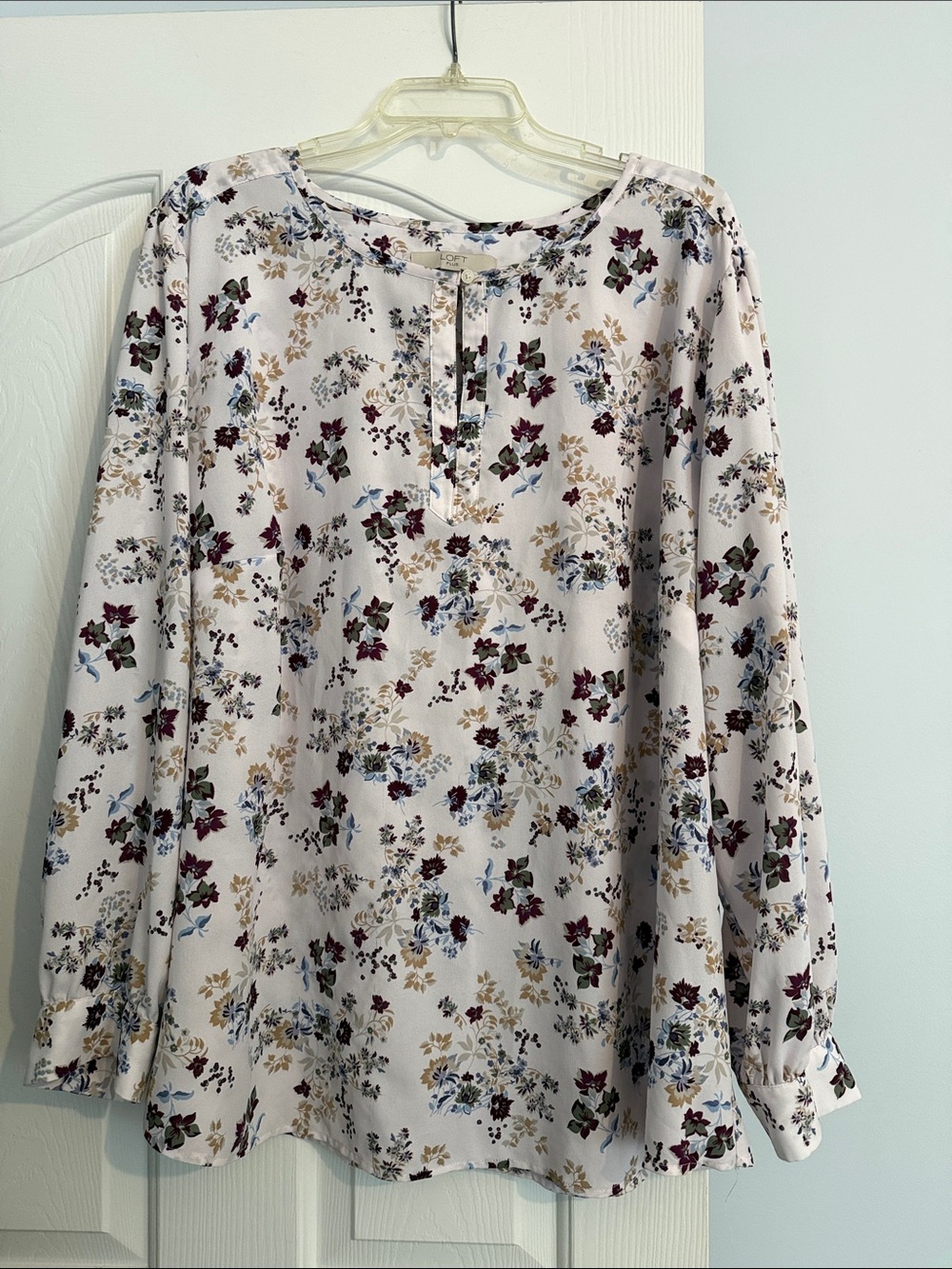 LOFT Cream Floral Long-Sleeve Blouse with Burgundy & Blue